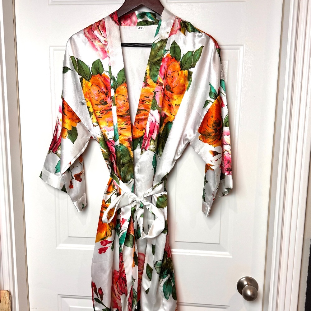 White Satin Floral Kimono Robe with Orange & Pink Roses